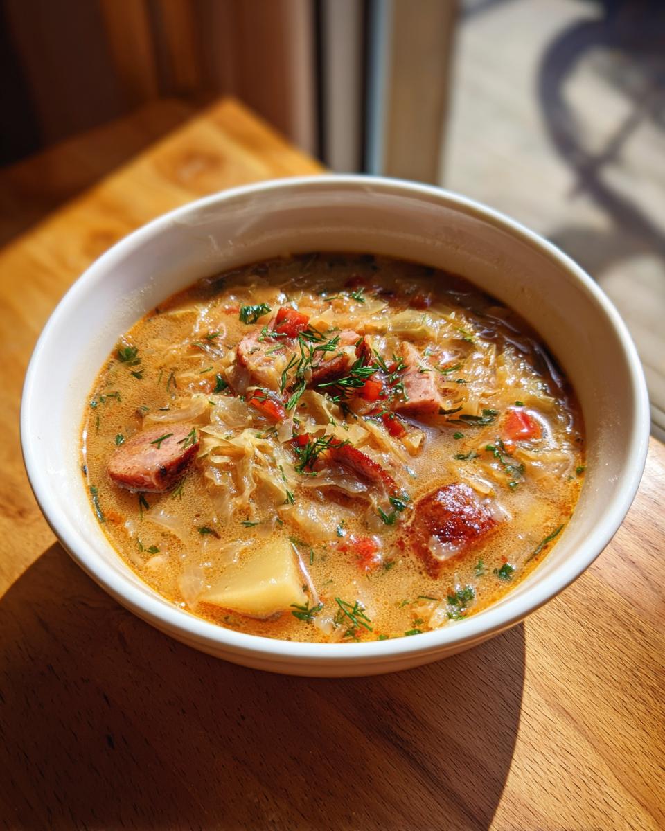 A close-up of a creamy bowl of sauerkraut soup featuring sausage chunks, potatoes, and fresh dill garnish.