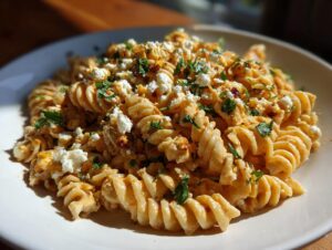 Close-up of creamy street corn pasta salad using rotini pasta, topped with crumbled white cheese and fresh parsley.
