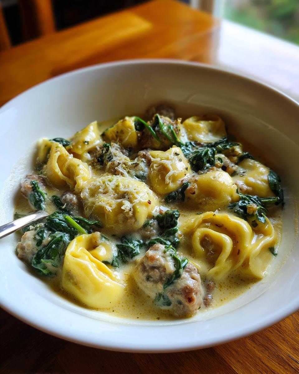 Close-up of a white bowl filled with creamy tortellini soup, featuring tortellini pasta, sausage, and wilted spinach.