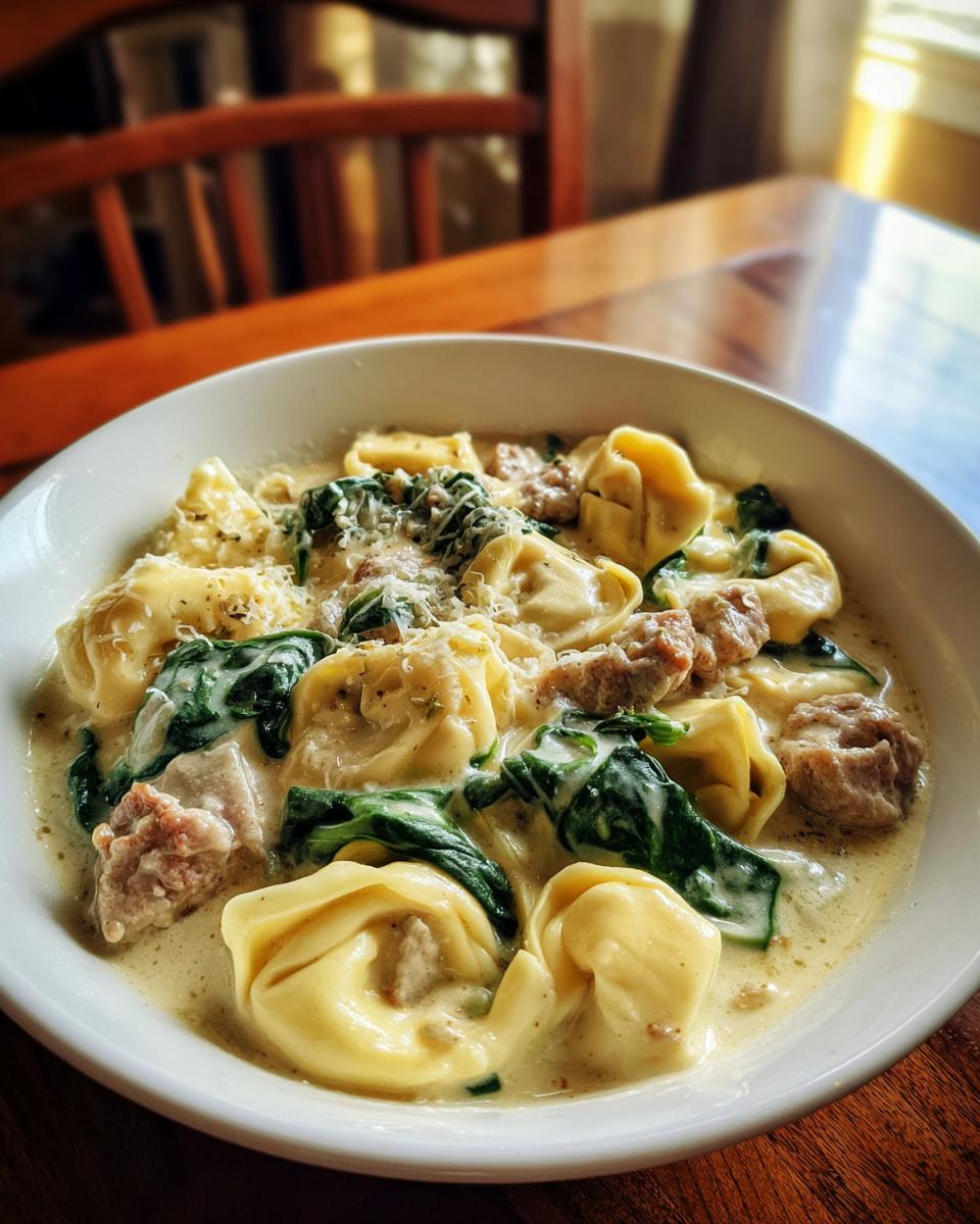A close-up of a white bowl filled with creamy tortellini soup, featuring cheese tortellini, sausage, and wilted spinach.