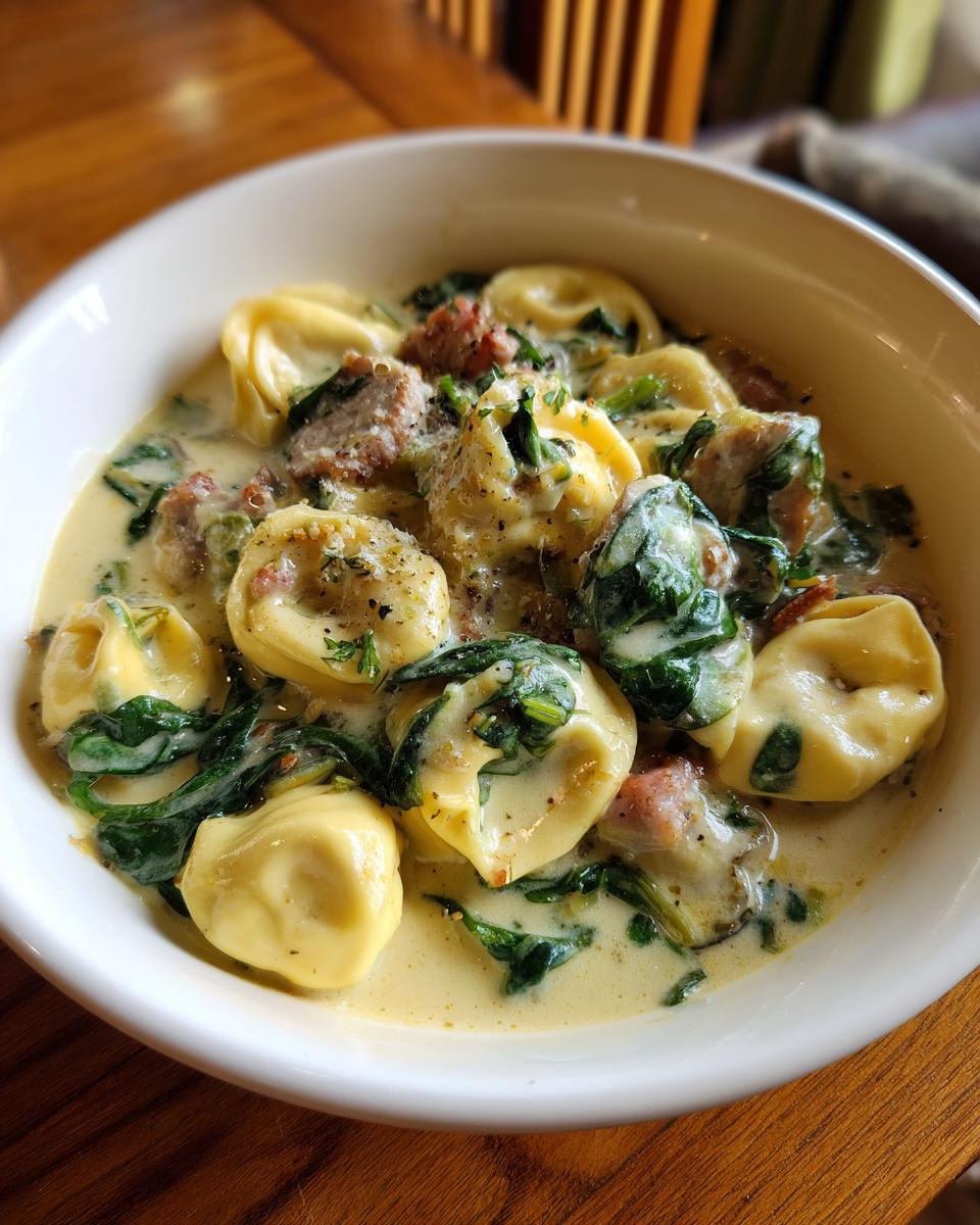 Close-up of a white bowl filled with creamy tortellini soup, featuring cheese tortellini, wilted spinach, and sausage pieces.