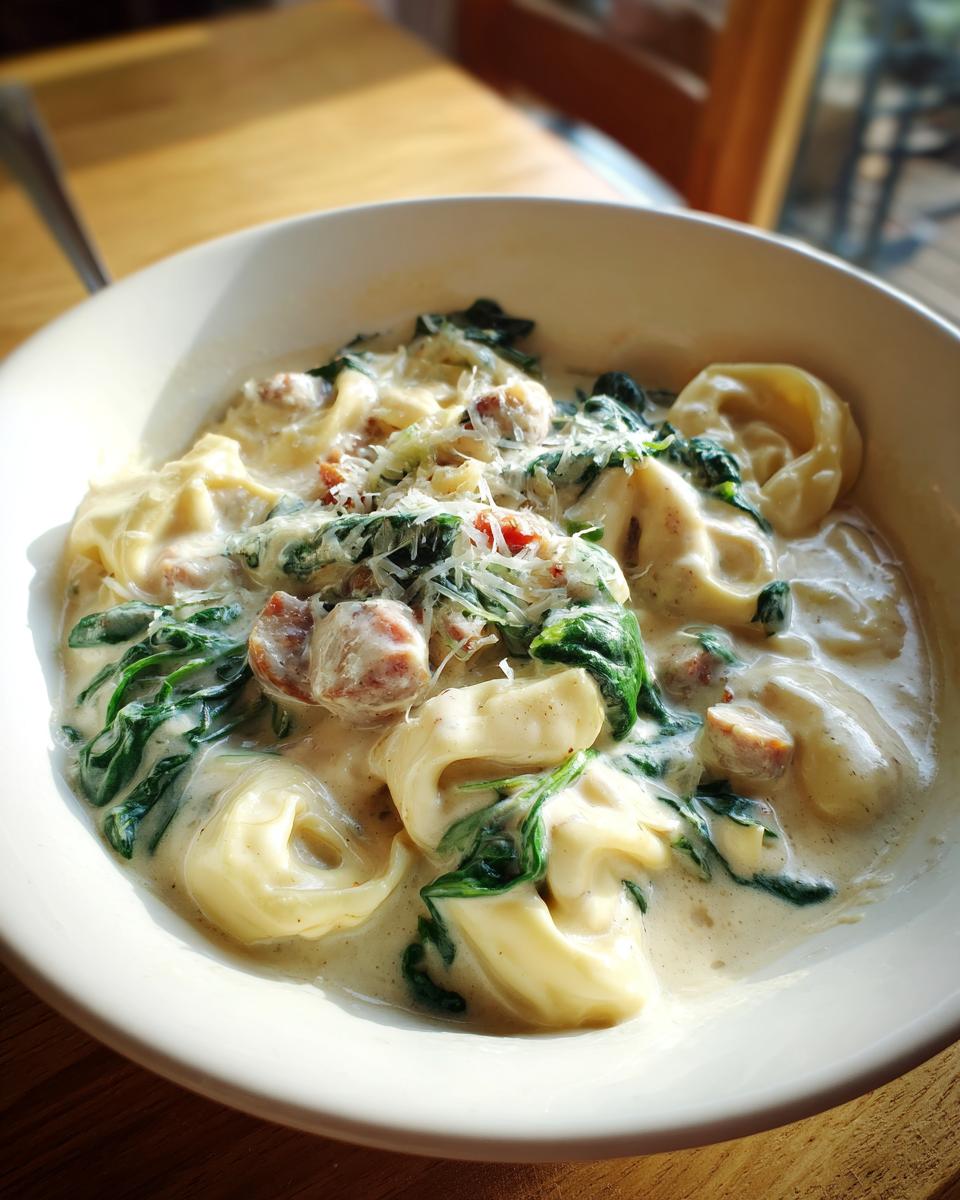 Close-up of creamy tortellini soup featuring tortellini pasta, wilted spinach, sausage pieces, and grated cheese.