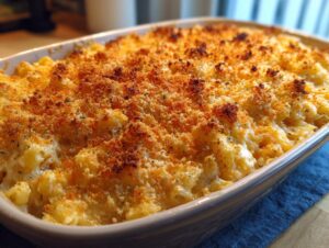 Close-up of a creamy tuna pasta bake fresh from the oven with a crispy, golden breadcrumb topping.