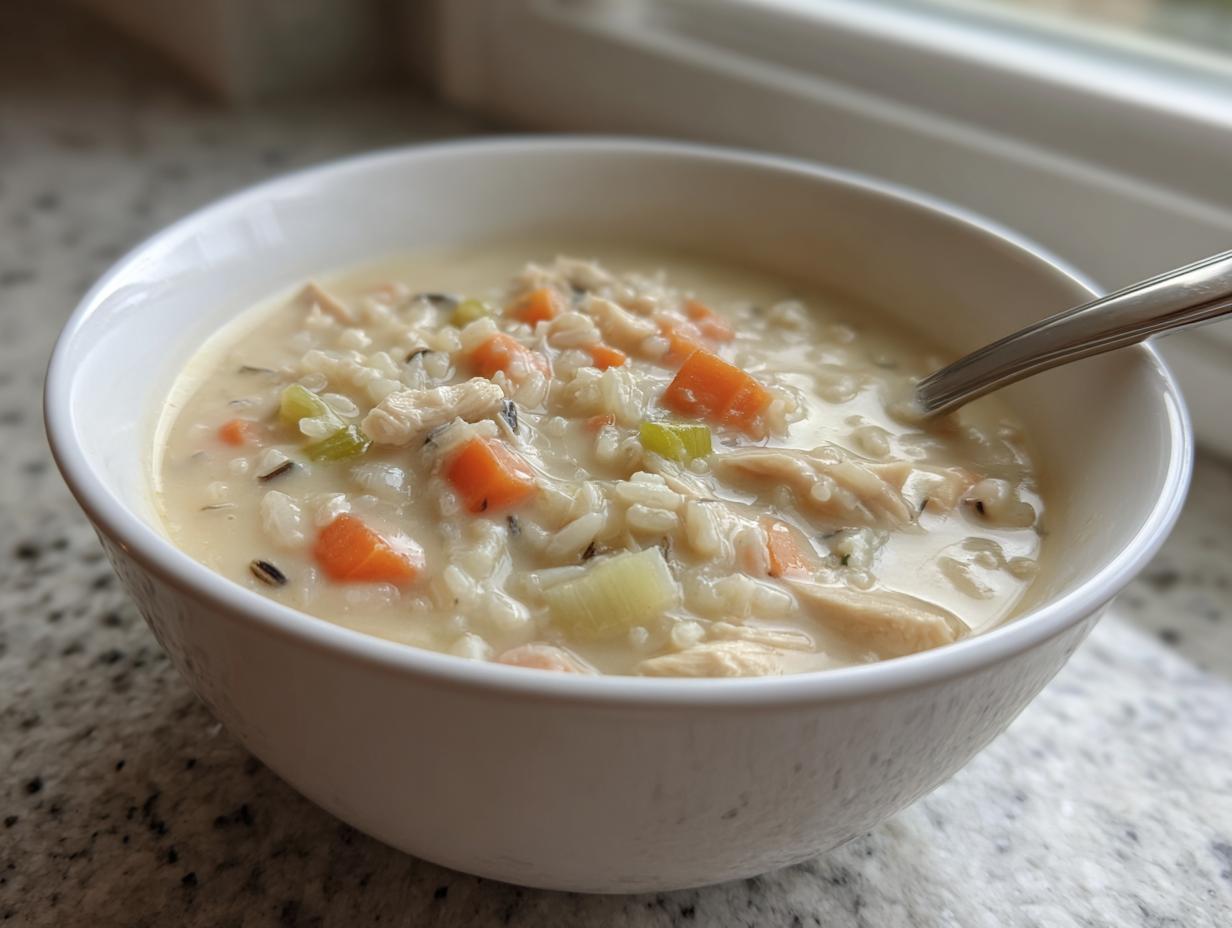 A close-up of a creamy bowl of wild rice soup featuring shredded chicken, carrots, and celery.