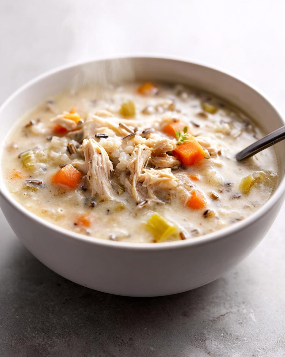 Close-up of a steaming white bowl filled with creamy wild rice soup, featuring shredded chicken, carrots, and celery.