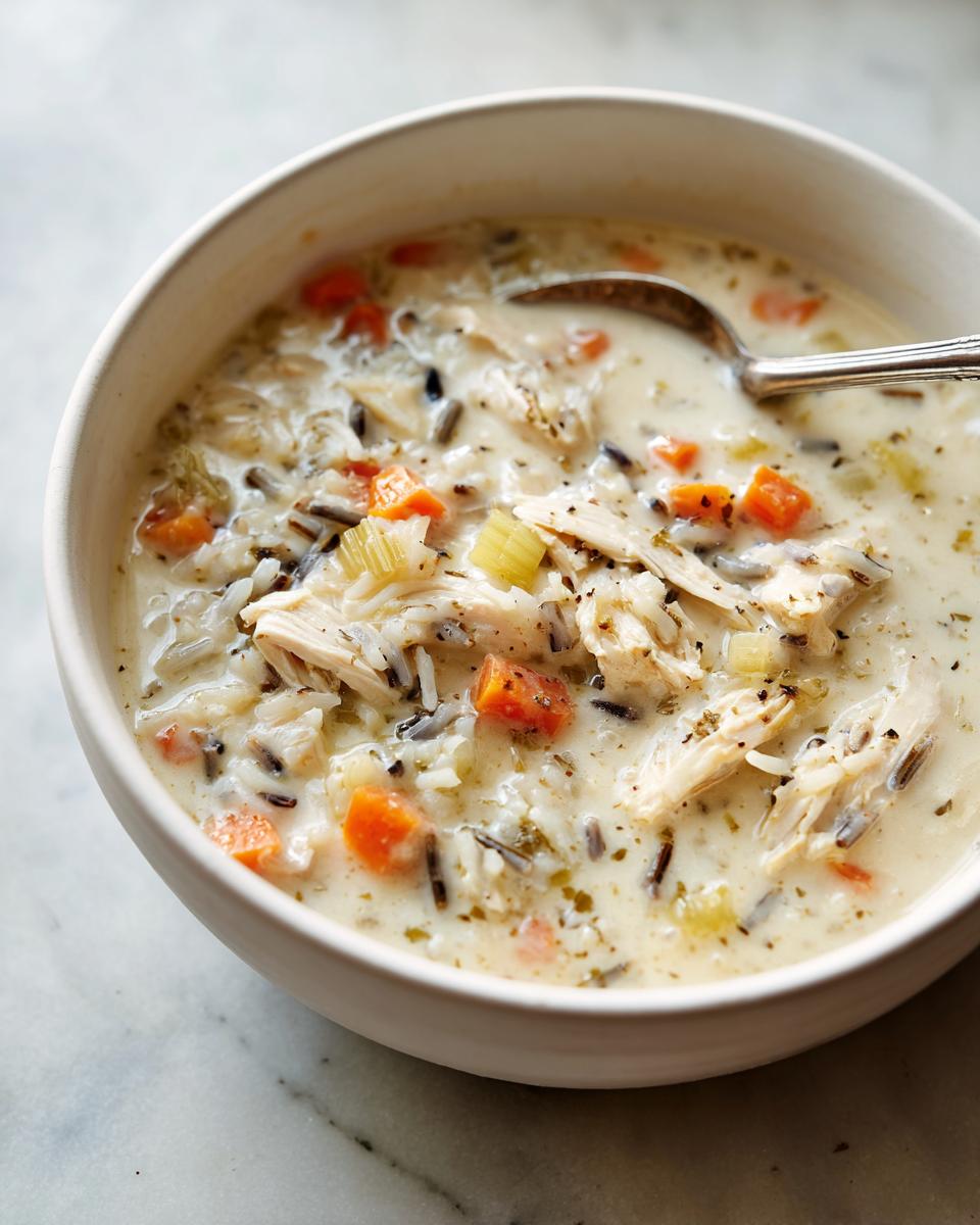 Close-up of a creamy bowl of wild rice soup featuring shredded chicken, diced carrots, and celery.