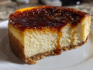 A close-up shot of a thick slice of creme brulee cheesecake showing the creamy interior and caramelized sugar topping.