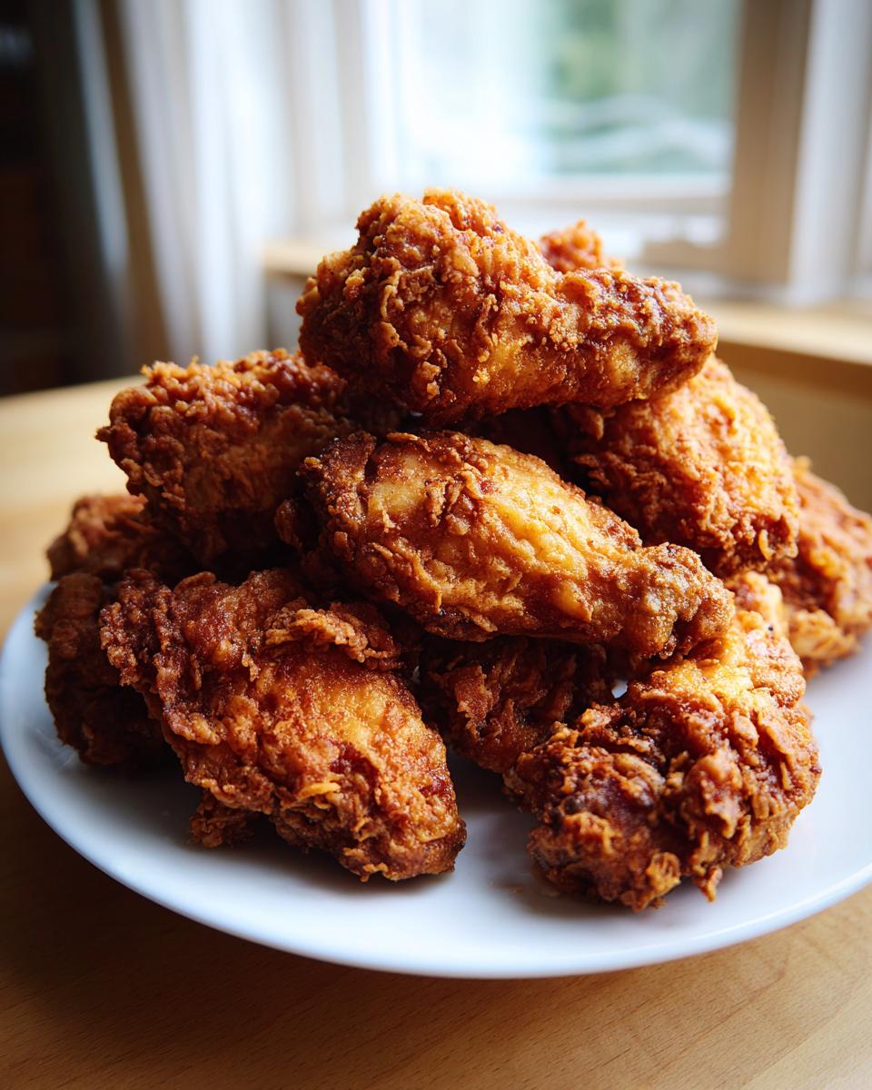 A pile of golden brown, crispy baked chicken wings stacked high on a white plate.