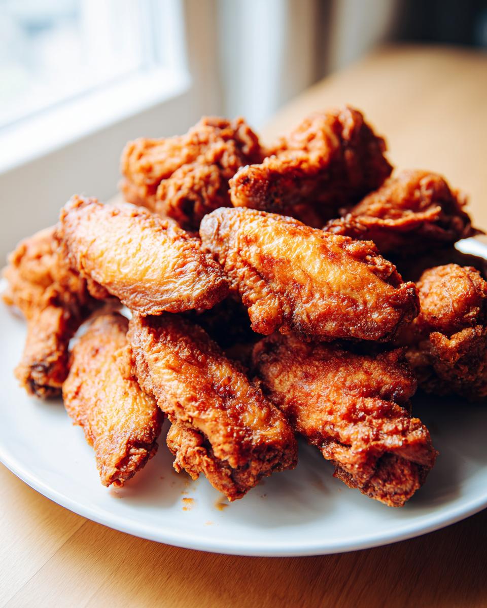 A close-up of a mound of golden-brown, crispy baked chicken wings piled high on a white plate.