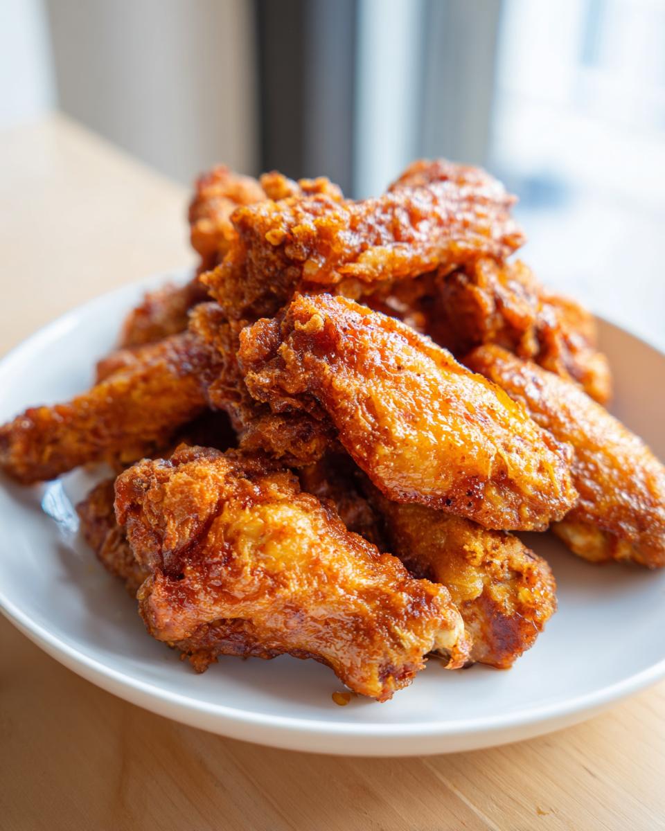 A close-up of a generous pile of golden brown, crispy baked chicken wings served on a white plate.