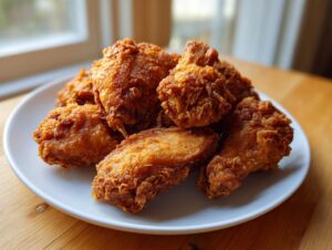 A close-up of several perfectly golden and crispy baked chicken wings piled on a white plate.
