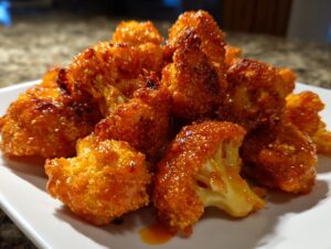 Close-up of crispy, orange-glazed buffalo cauliflower pieces piled on a white plate, showing texture.