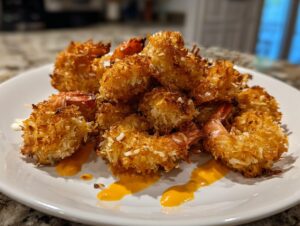 A pile of perfectly golden brown, crispy coconut shrimp served on a white plate with drizzles of orange dipping sauce.