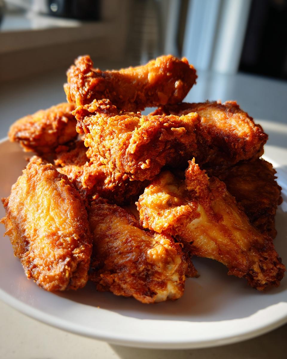 A close-up stack of golden brown, crispy fried chicken wings piled high on a white plate.