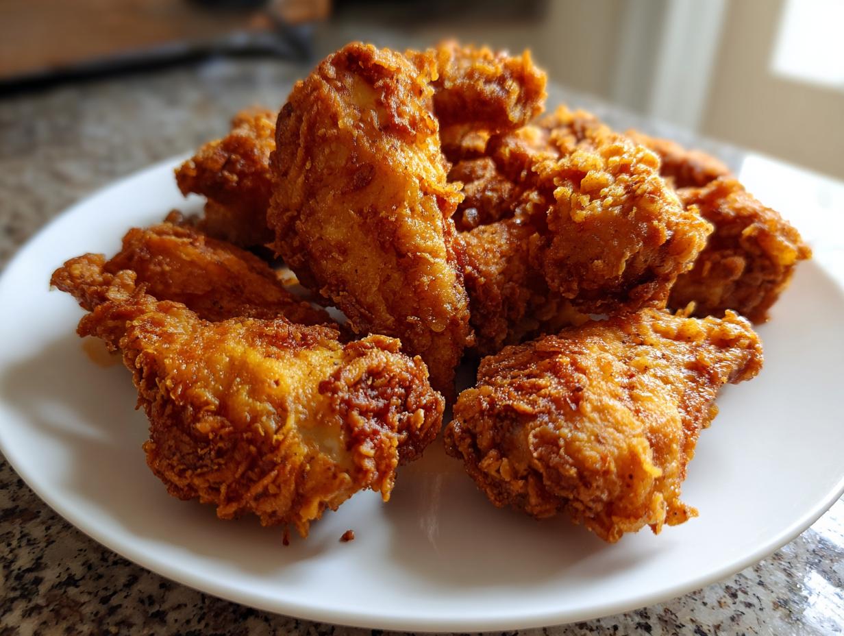 A close-up of several perfectly cooked, crispy fried chicken wings piled high on a white plate.