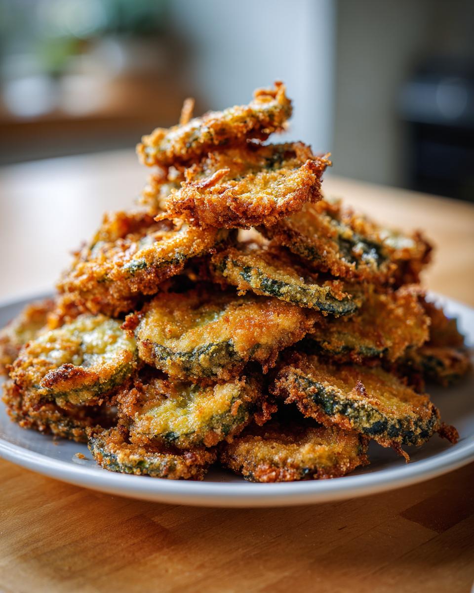 A tall stack of golden brown, crispy fried pickles piled high on a light gray plate.