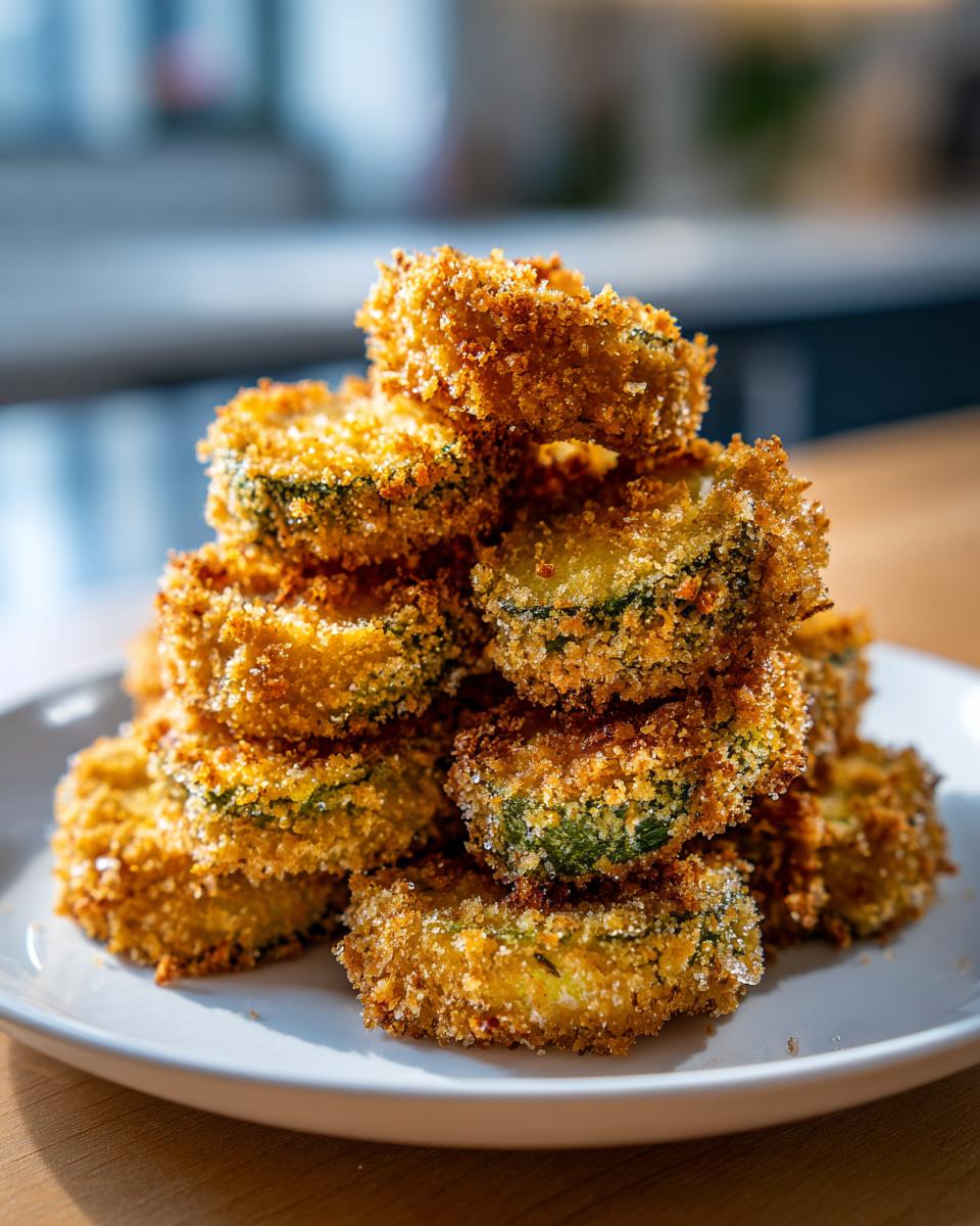 A tall stack of golden brown, crispy Fried Pickles piled high on a white plate.