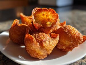 Close-up of golden brown, crispy fried rice paper dumplings piled on a white plate.