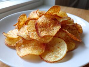 A close-up of a pile of golden, crispy homemade potato chips seasoned with paprika, served on a white plate.