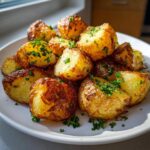 A plate piled high with golden brown, crispy oven roasted potatoes garnished with fresh chopped parsley.