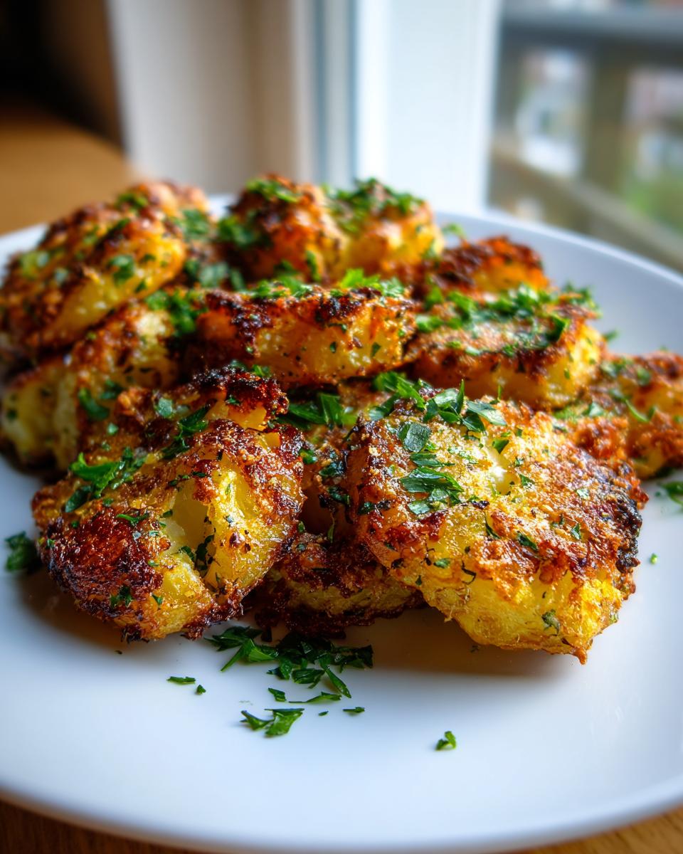 A close-up of perfectly crispy oven roasted potatoes, seasoned and topped with fresh chopped parsley.