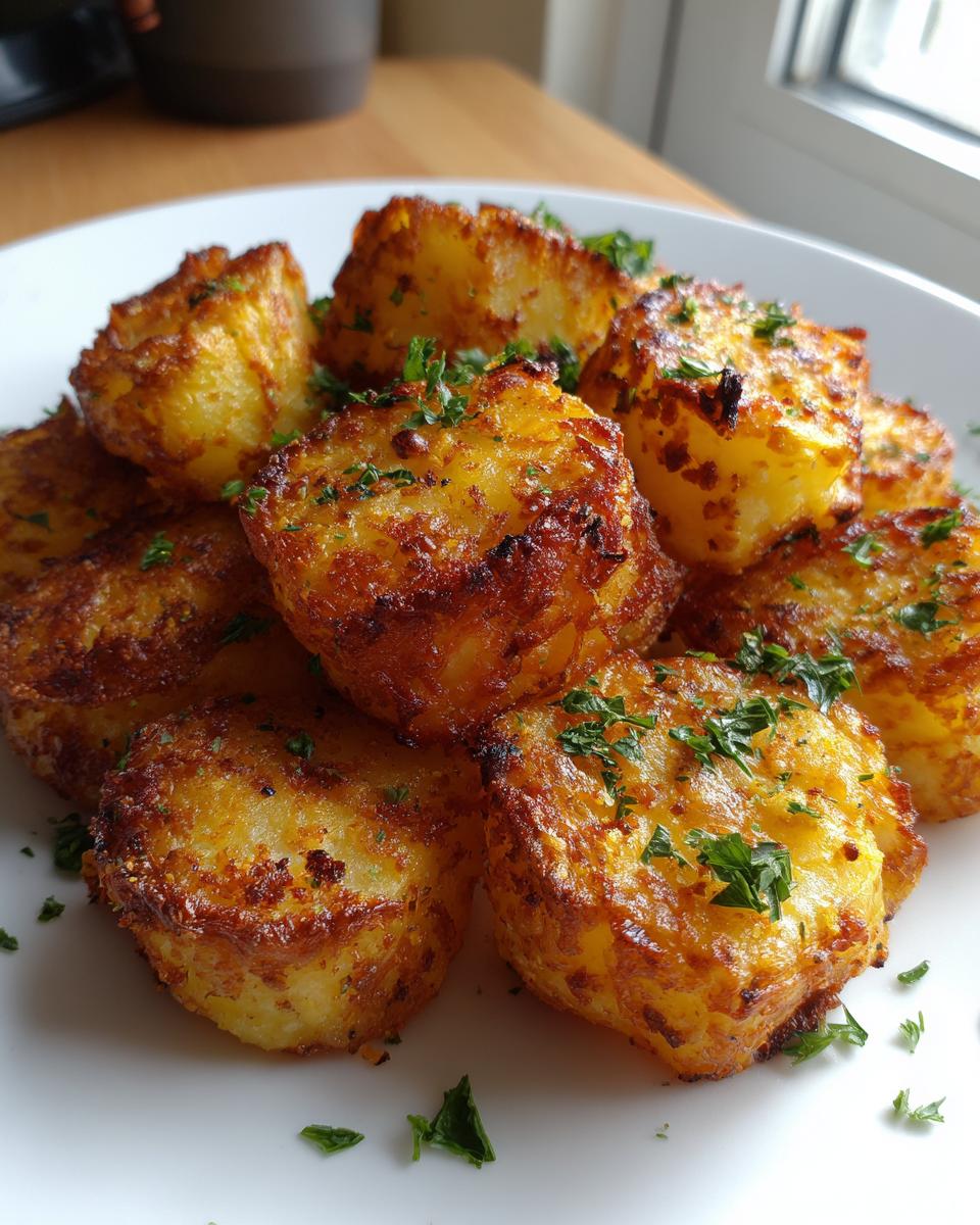A close-up of golden brown, crispy oven roasted potatoes sprinkled with fresh parsley on a white plate.