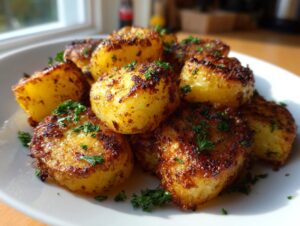 A close-up of golden brown, crispy oven roasted potatoes garnished with fresh parsley on a white plate.