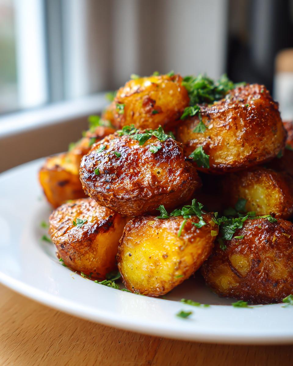 A close-up of golden brown, crispy oven roasted potatoes piled on a white plate and garnished with fresh parsley.