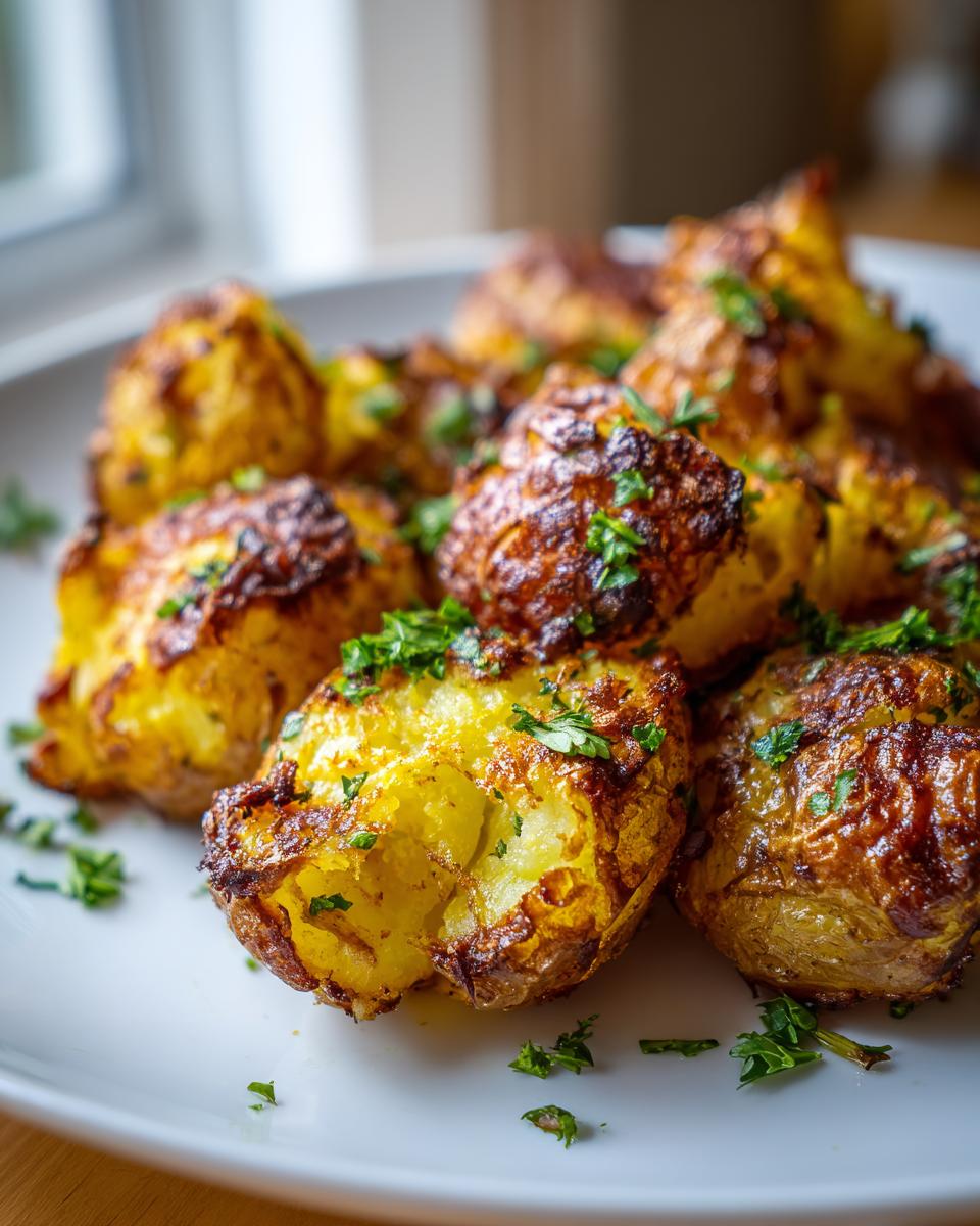 Close-up of golden brown, crispy oven roasted potatoes sprinkled with fresh parsley on a white plate.