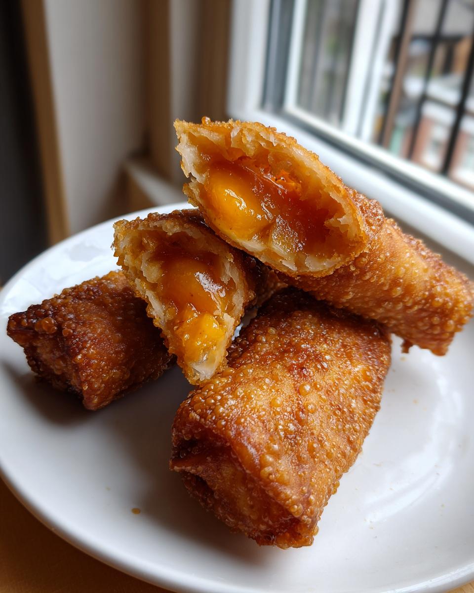Close-up of crispy, golden brown peach cobbler egg rolls, one cut open showing the warm peach filling.