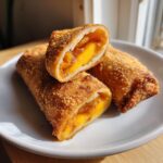 Three crispy, golden brown peach cobbler egg rolls on a white plate, one cut in half showing the warm peach filling.