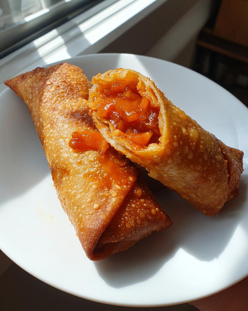 Two golden brown, crispy peach cobbler egg rolls on a white plate, one cut open showing the warm peach filling.