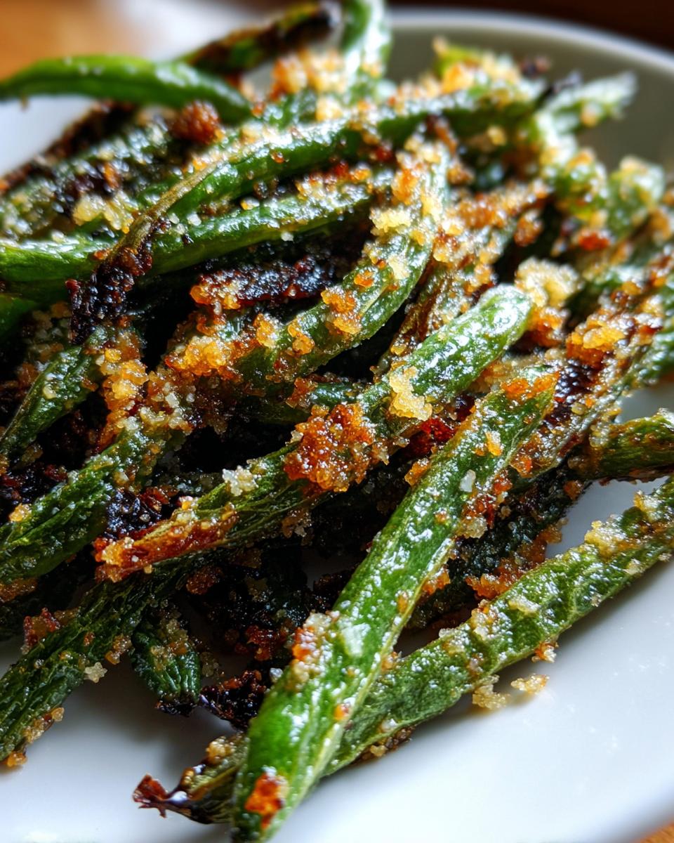 Close-up of vibrant green beans coated in crispy, golden-brown breadcrumbs or seasoning.