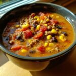 Close-up of a dark bowl filled with rich crockpot cowboy soup, featuring ground beef, diced tomatoes, black beans, and corn kernels.