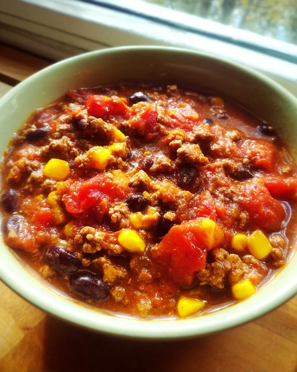 A close-up of a bowl filled with rich crockpot cowboy soup, featuring ground beef, tomatoes, black beans, and corn.