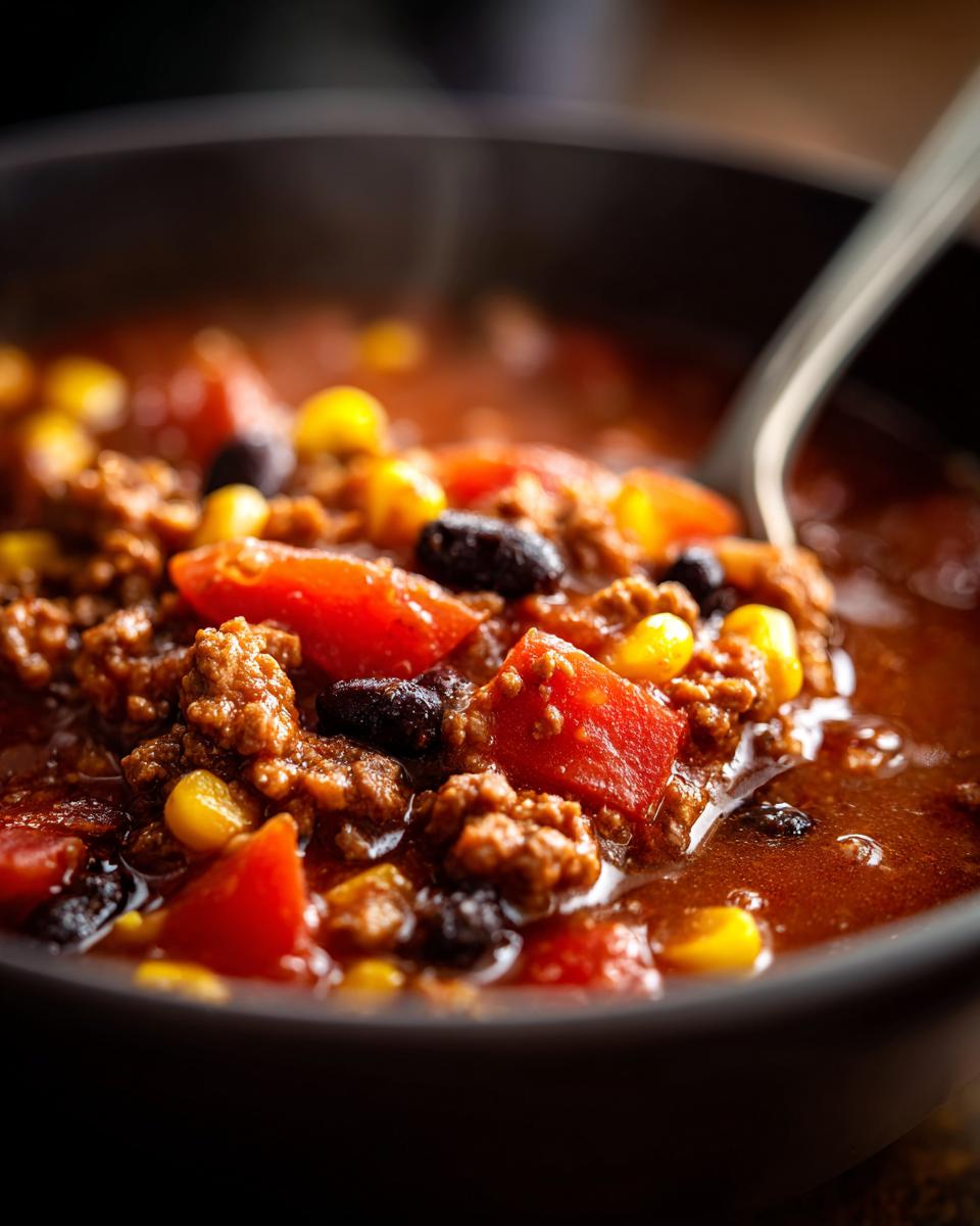 Close-up of steaming crockpot cowboy soup featuring ground beef, black beans, corn, and diced tomatoes.