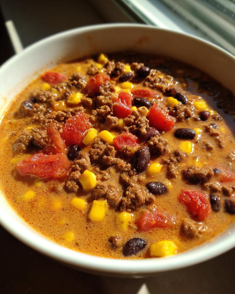 Close-up of a white bowl filled with rich, orange-broth crockpot cowboy soup featuring ground beef, black beans, corn, and diced tomatoes.