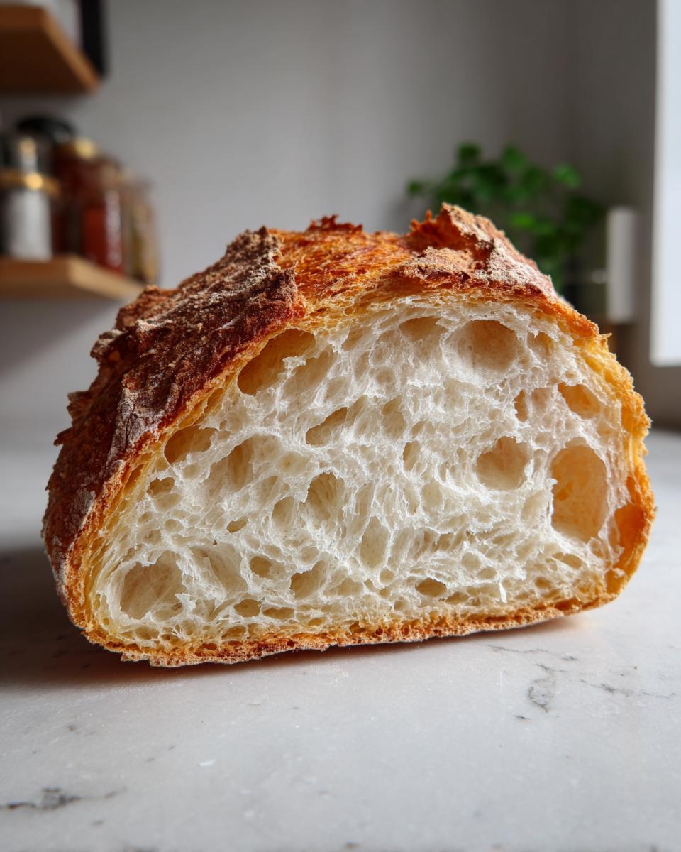 Close-up of the open crumb structure of a crusty Italian bread loaf, showing large air pockets.