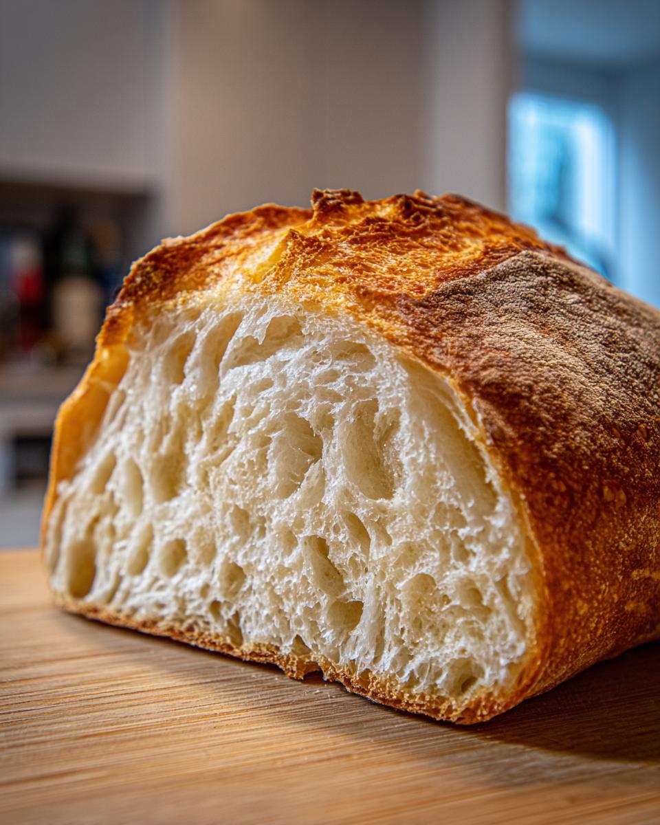 Close-up cross-section showing the airy crumb structure of a freshly baked Italian bread loaf.