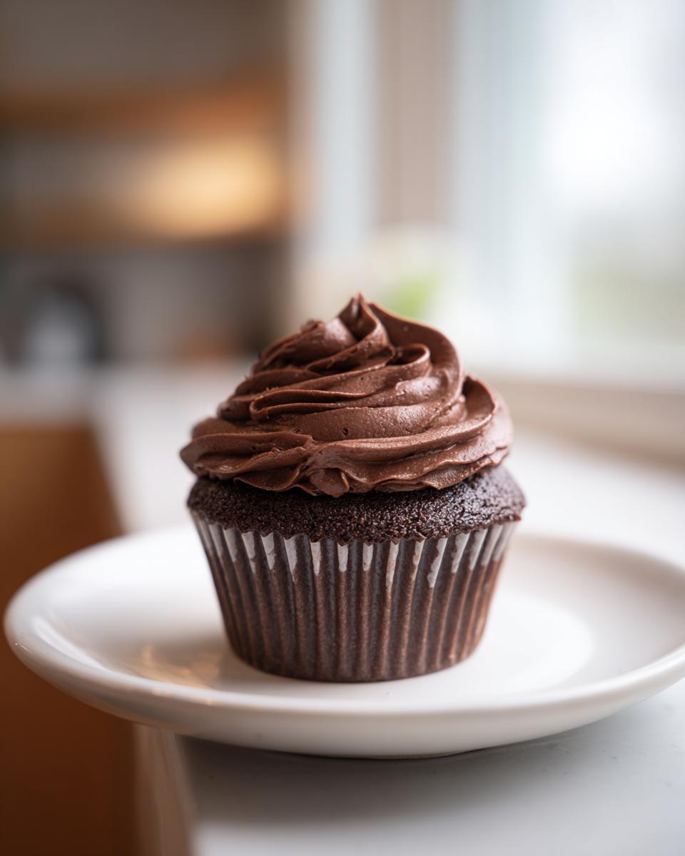 A single chocolate cupcake topped high with rich, swirled chocolate frosting, sitting on a white plate.