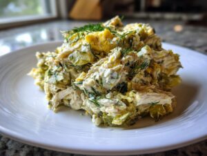 A mound of creamy dill pickle chicken salad, featuring shredded chicken and pickle pieces, garnished with fresh dill.