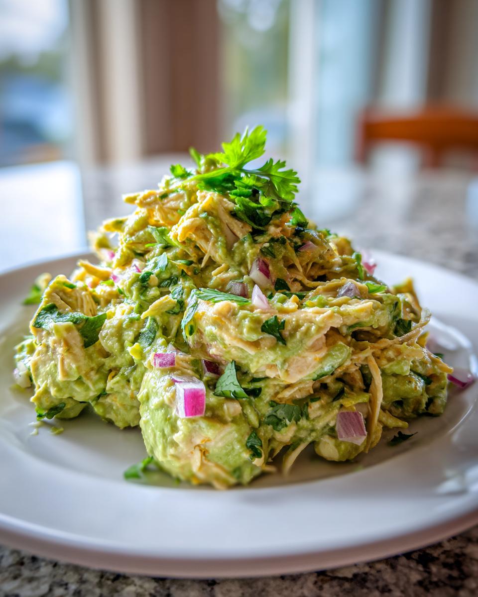 A close-up of creamy avocado chicken salad mixed with red onion and topped with cilantro on a white plate.