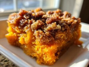 A close-up, macro shot of a serving of easy sweet potato casserole topped with a crunchy brown sugar streusel.