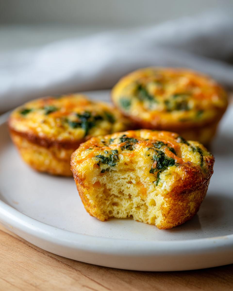 A close-up photo of three baked egg muffin cups on a white plate, one of which has a bite taken out, showing the fluffy interior.