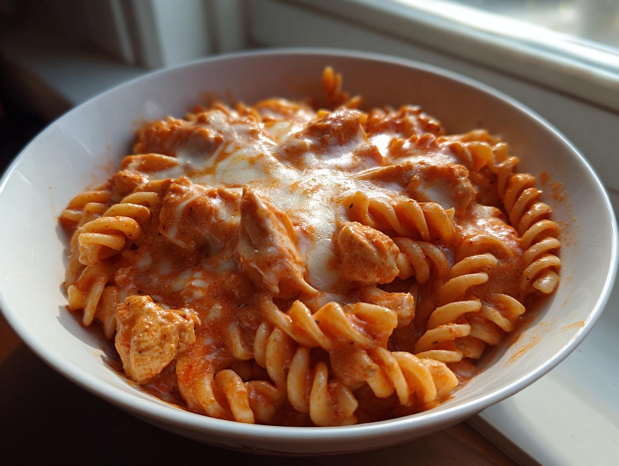 A close-up of a white bowl filled with creamy, cheesy enchilada pasta featuring rotini noodles and chunks of chicken.