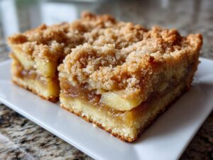 Two thick slices of apple pie bars featuring a buttery crust, thick apple filling, and a sugary crumble topping.