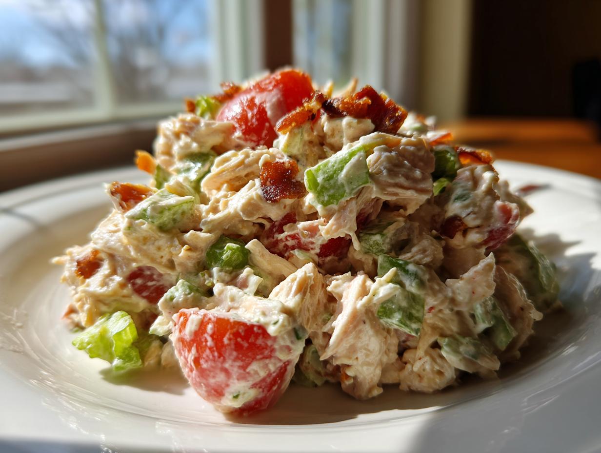 A close-up of a creamy blt chicken salad mound featuring shredded chicken, chopped tomatoes, celery, and bacon bits.