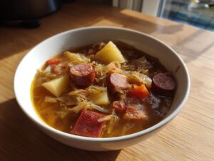A close-up of a white bowl filled with rich sauerkraut soup, featuring chunks of potato, smoked sausage, and carrots.