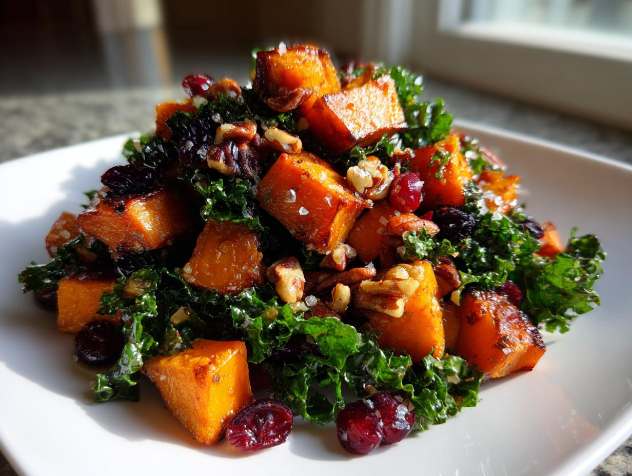 A vibrant mound of sweet potato salad featuring roasted sweet potato cubes, dark green kale, pecans, and dried cranberries on a white plate.