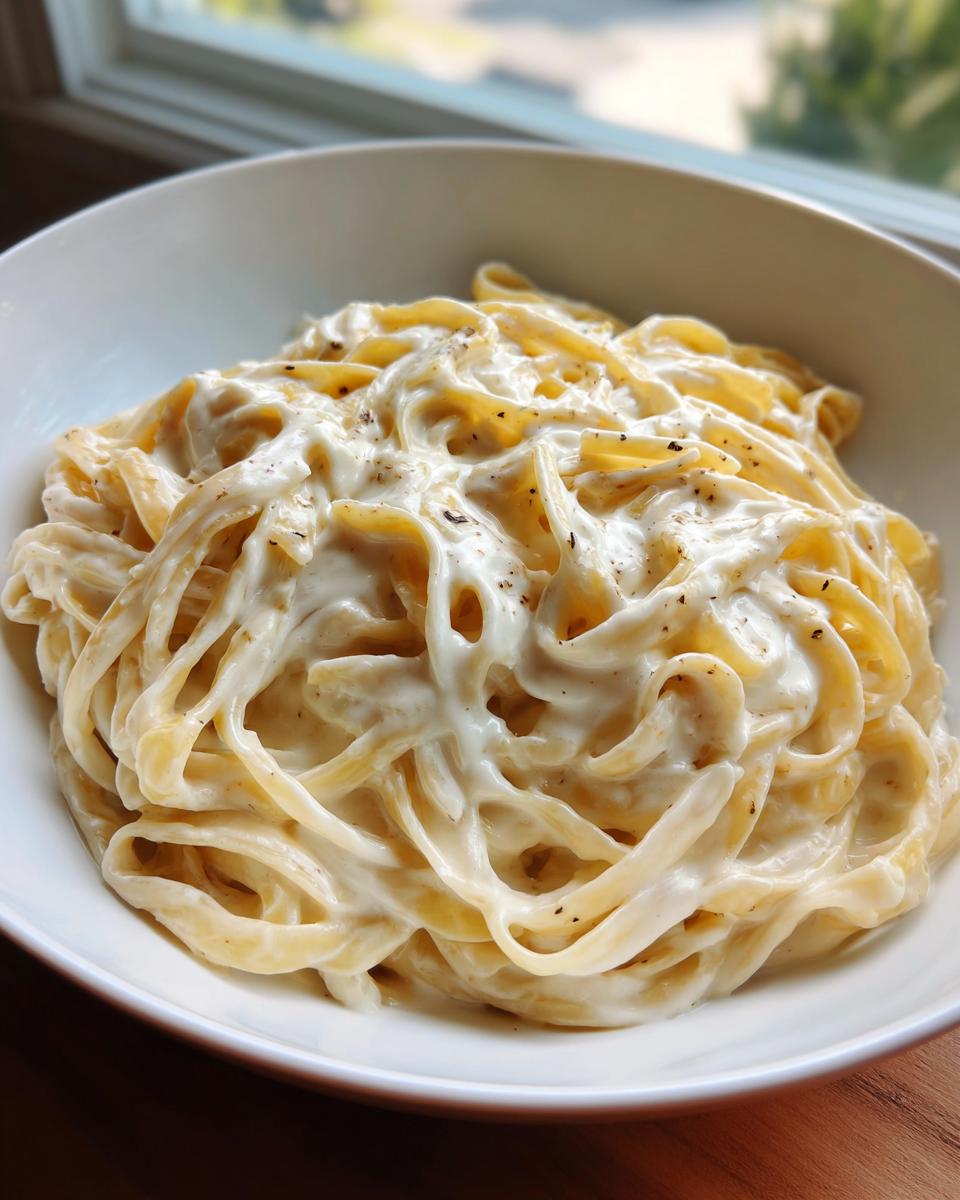 A white bowl filled with fettuccine pasta generously coated in creamy homemade alfredo sauce and black pepper.